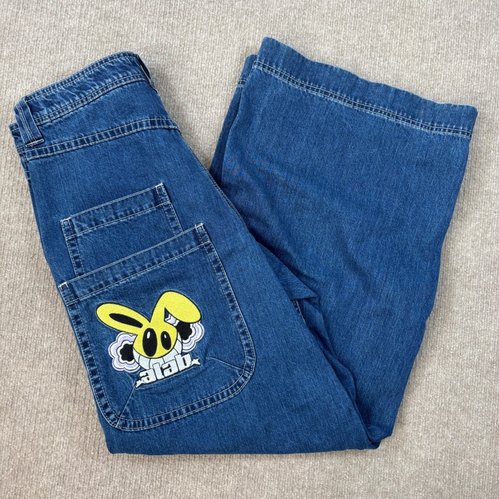 A-Lab Mens Wide Leg Bunny Graphic Skater Jeans Blue Denim Size 32x32 100% Cotton